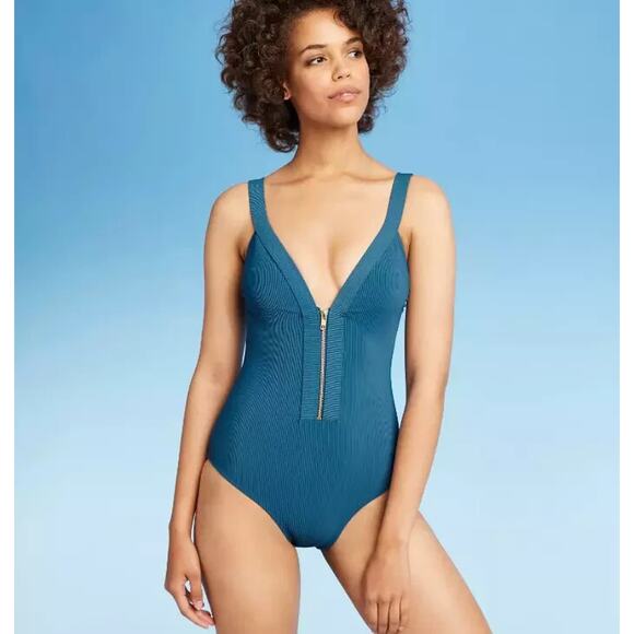 Kona Sol Womens Ribbed One Piece Swimsuit Small Blue Zipper Front Resort Beach - Picture 2 of 13